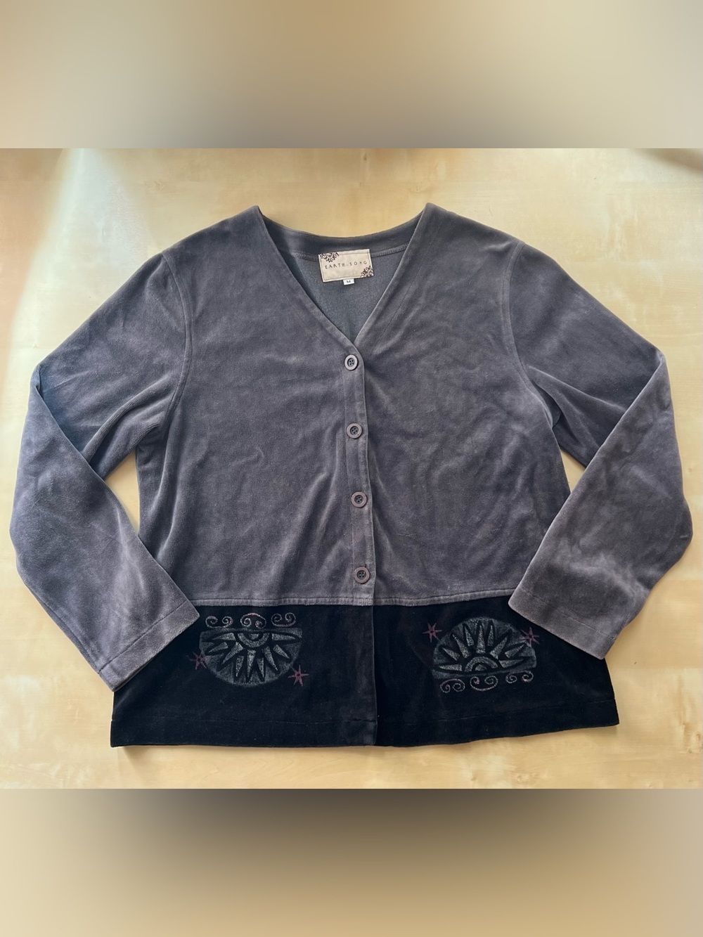 Earth Song Vintage Velour Cardigan Jacket-Gray Celestial Sun Boho Outerwear